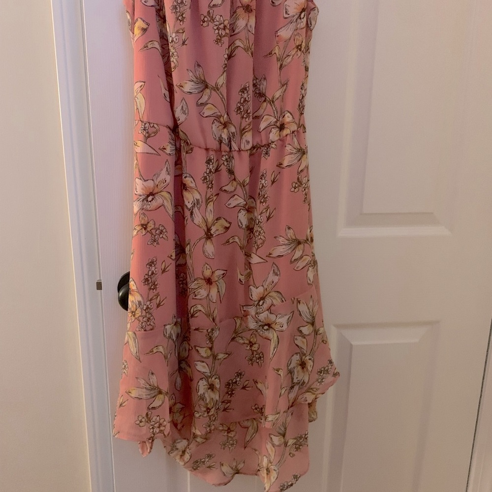 Light pink/Blush asymmetrical floral dress. Perfect for a special occasion.